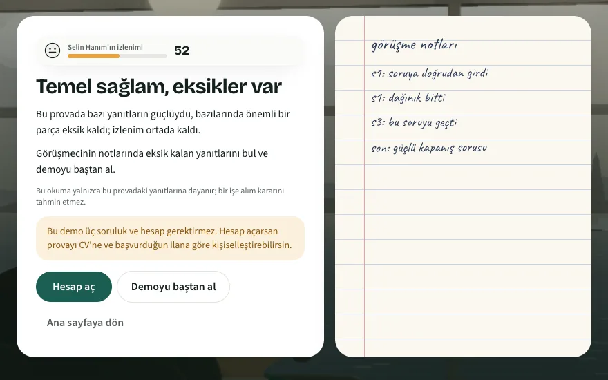 Görüşmenin sonu: izlenim, kısa bir değerlendirme ve görüşmecinin el yazısı notları.